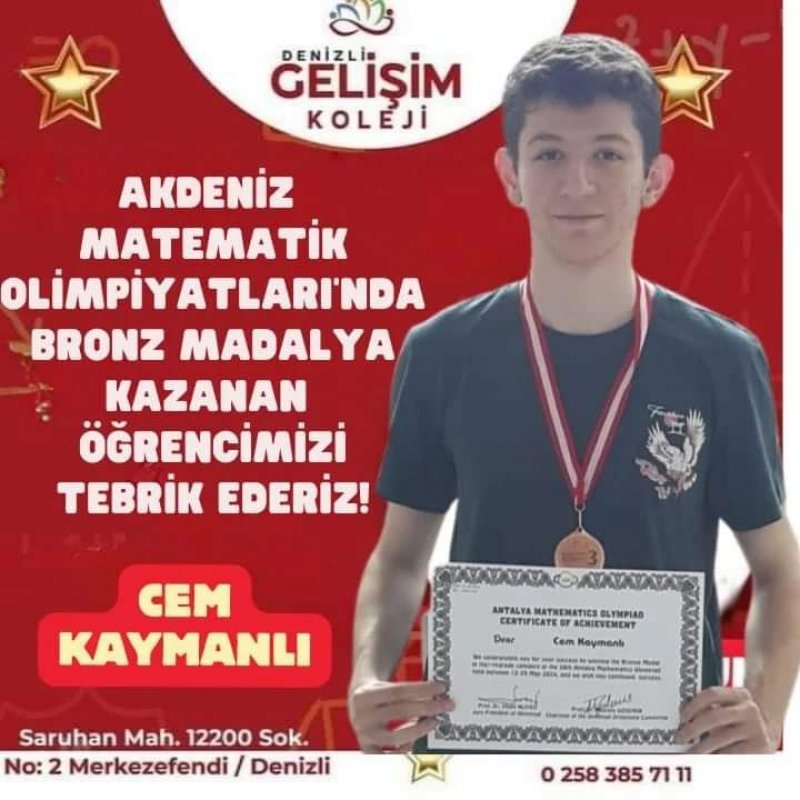 ÖĞRENCİMİZ CEM KAYMANLI AKDENİZ MATEMATİK OLİMPİYATLARI'NDA MADALYA KAZANDI!